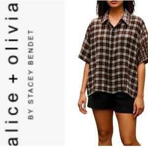 Alice + Olivia High Low Semi-Sheer Plaid Button Down Blouse